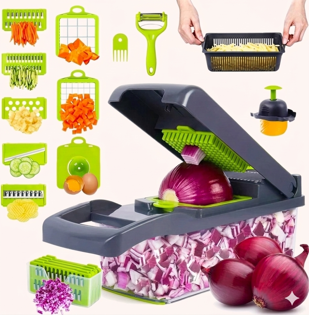 16-In-1 Multifunctional Vegetable Chopper & Slicer with Colander Basket and Storage Container – Heavy Duty Manual Food Cutter