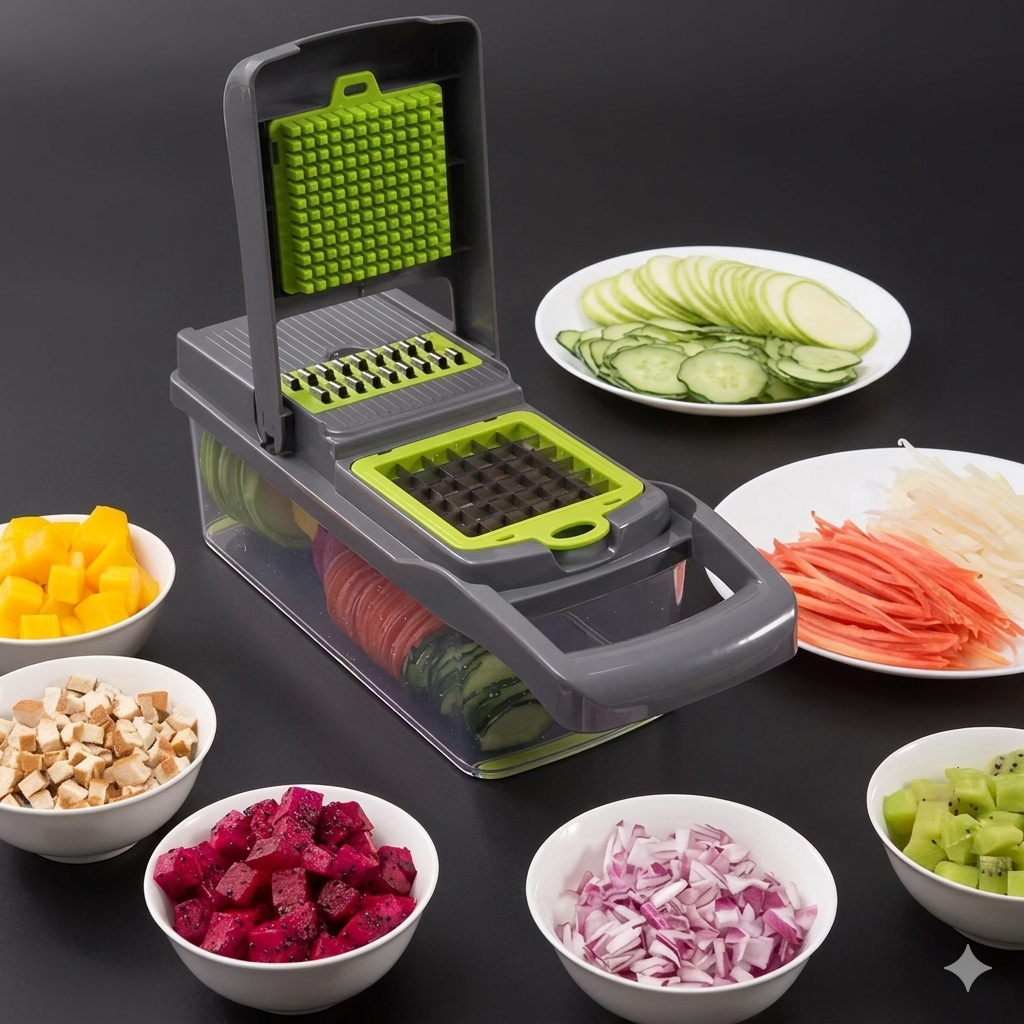 16-In-1 Multifunctional Vegetable Chopper & Slicer with Colander Basket and Storage Container – Heavy Duty Manual Food Cutter